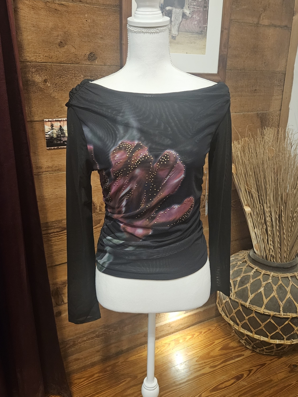 Madden Nyc Black Off-Shoulder Long Sleeve Top with Floral Accent